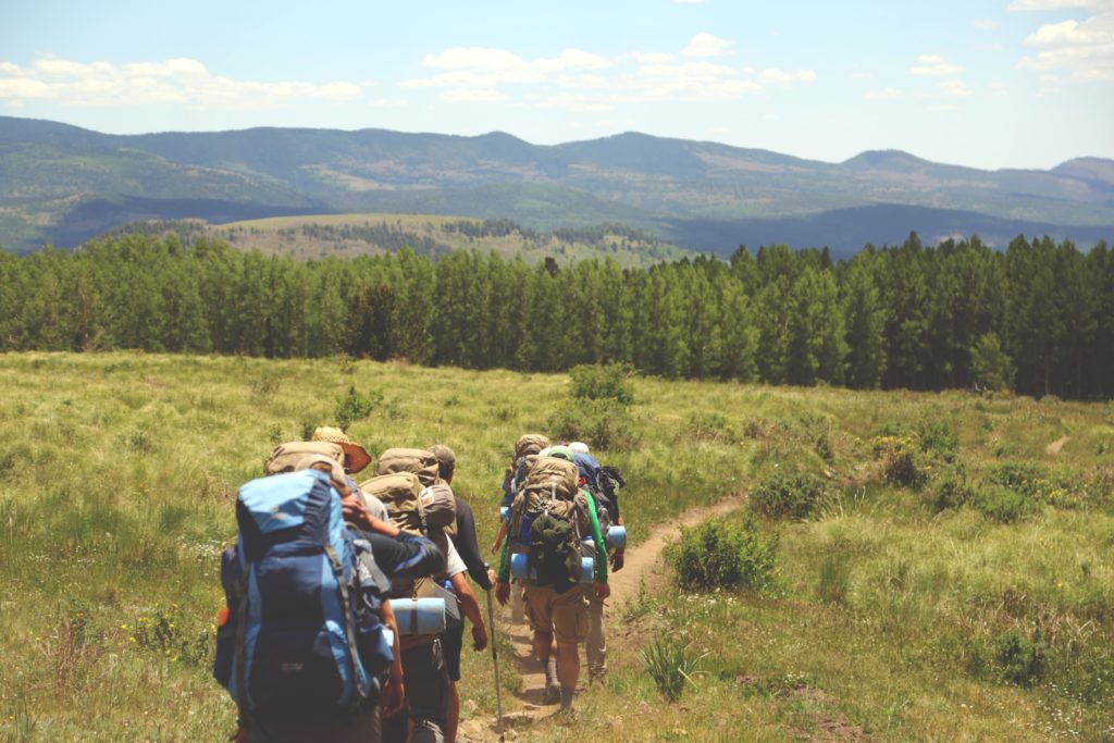group of people walking in nature